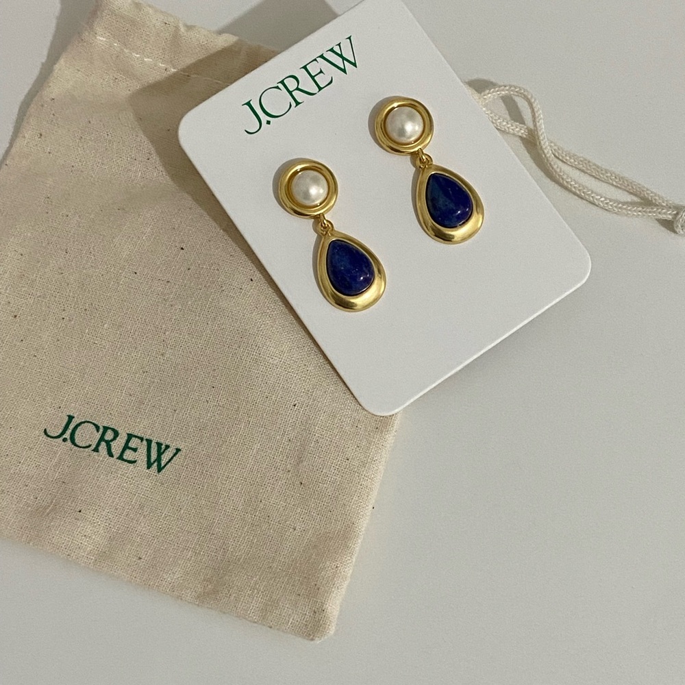 J. Crew Gold and Blue Semiprecious  Stones Pearl Drop Earrings